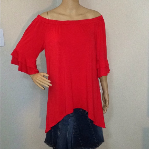 NY Collection Off Shoulder Bell Sleeve Hi-Low Top - Picture 1 of 8